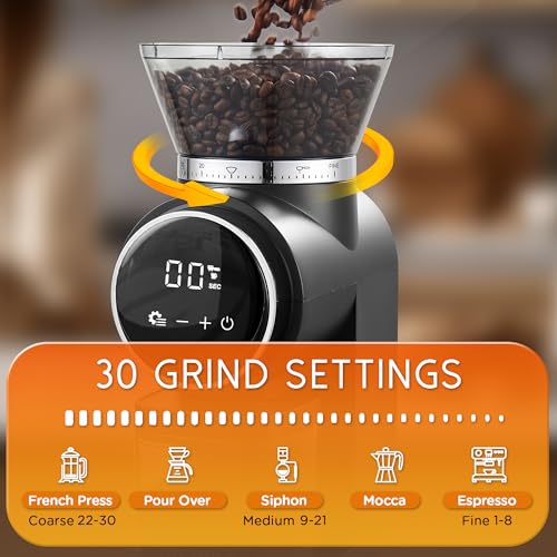 Image of Ollygrin Conical Burr Coffee Grinder Electric, Touch Panel Burr Coffee Grinder with 30 Precise Settings, Compact Coffee Bean Grinder for Espresso to French Press, 2-12 Cups