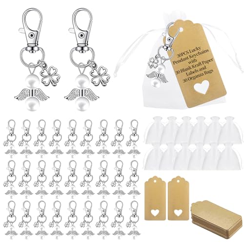30 PCS Schutzengel Schlüsselanhänger mit Blanko Kraftpapier Anhänger und Organza Beutel, Schutzengel Anhänger Taufe, Schutzengel Anhänger Set für Taufe, Kommunion, Geburtstag, Weihnachten, Hochzeit