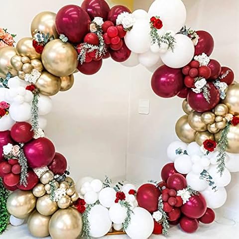 Balloon Garland Kit Burgundy Gold Party Decorations Balloons Arch Kit White Metallic Gold and Burgundy Double-Stuffed Latex Balloons for Girls Women Birthday Party Wedding Decorations Anniversary Cover