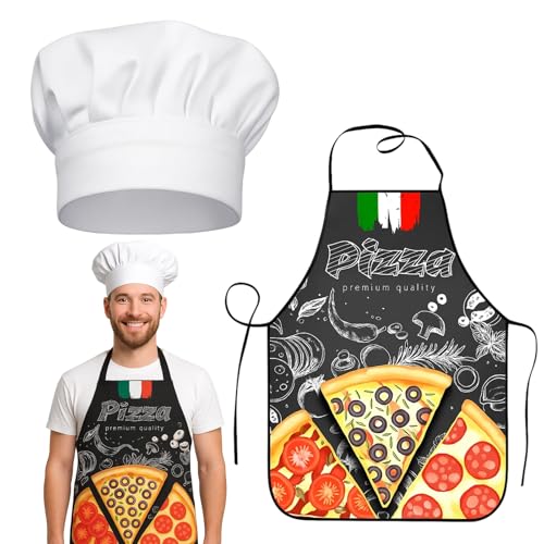 WangVipfei 2 Stück Pizza Schürze Set, und eine passende Mütze, Italienisch Stilisierte Lustige Küchenschürze, Universelle Grillschürze Für Männer Und Damen, Maße 60 X 80 Cm