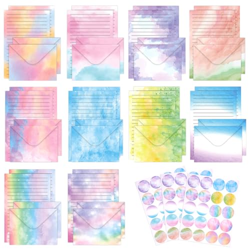 WhizNook Juego de Papel de Cartas y Sobres, 50 Hojas Papel de Carta y 50 Hojas Sobres y 60 Pegatinas, Papeleria Bonita, para lnvitaciones, Cartas (10 Colores)