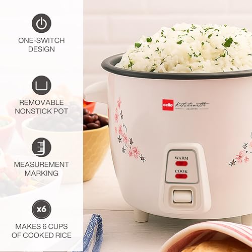 Image of CELLO Iris Electric Rice Cooker with Single Pot 1.5L White | 500W Power, Removable Aluminium Non-Stick Bowl with SS Lid, Cool Touch Handle, One Touch Automatic Warm Function, For Rice Pulao Maggi Soup
