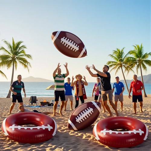 Soulchen 4 Pcs Football Inflatable Pool Floats Football Swimming Rings with 27" Inflatable Beach Balls Sports Theme Swim Tubes Rings for Adult Summer Sports Ball Decor Swimming Pool Beach Game — view 4
