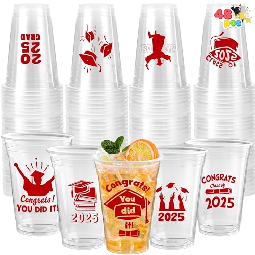 JOYIN 48 Pcs Red Class of 2025 Graduation Party decorations Cups, 16 Oz Disposable Plastic Cups, Grad Decor Party Supplies with 24 Fun Designs for College & High School Celebrations