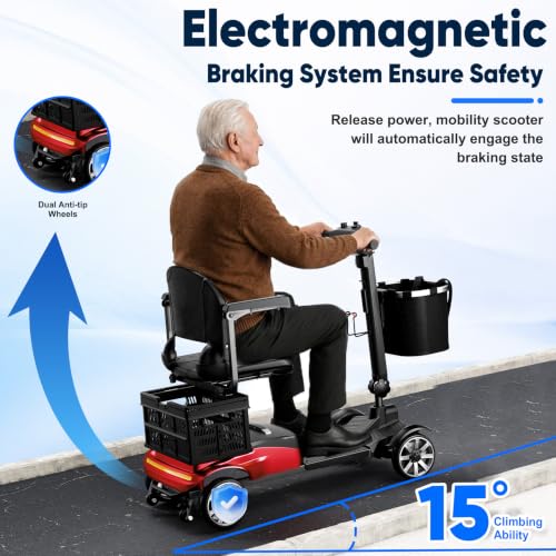 Image of 4 Wheels Electric Wheelchair for Seniors, Foldable, 350LBS Capacity& 15 Miles Range&350W Powerful Moto&Rotating Seat&LED Light& Double Baskets&Auto Brake-（Red Color）