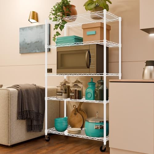 Image of 5-Shelves Wheels Heavy Duty Steel Storage Rack | Multipurpose Shelving Unit for Kitchen, Home & Utility