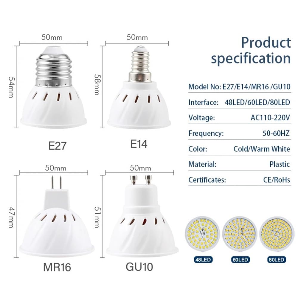 Illuminazione per Interni, Confezione da 10, Lampadina LED AC110V E14/E27/GU10/MR16 SMD2835-48/60/80 LED, Lampada da Cucina, Illuminazione Decorativa per la casa
