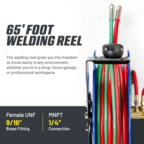 Image of Goodyear Retractable Welding Hose Reel - 1 /4 inch x 65' Twin Oxygen Acetylene Rubber Hoses, Heavy Duty Single Arm, 300 PSI Industrial Standard Dut