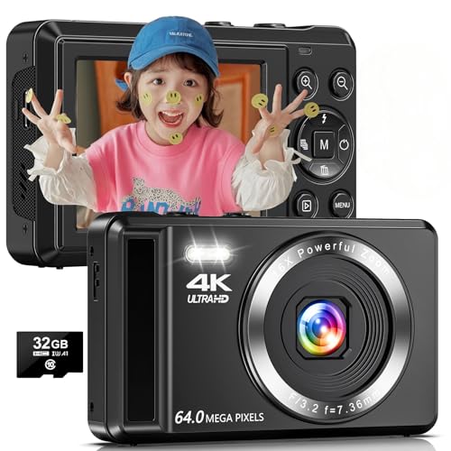 Digitalkamera, 4K 64MP Kompaktkamera Fotokamera mit 32GB Karte 16X Digitalzoom 2,8' großem Bildschirm Fotoapparat Digitalkamera für Kinder Teenager
