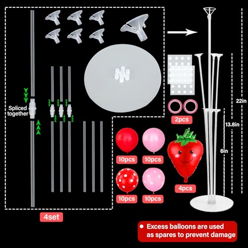 Image of 2 Sets Strawberry Party Balloons Stand Kit with Red and Pink Dot Foil Balloons Sweet Strawberry 1st Party Balloon Centerpiece for Tables for Girls Strawberries Birthday Themed Decorations