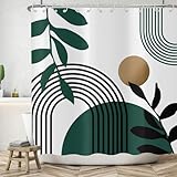 ASDCXZ Boho Duschvorhang 180x200 cm, Modern Abstrakt Boho Style Schwarz Grün Blätter Braun Sonne Weiß Bad Waschbar Duschvorhänge Polyester Textil Wasserdicht Badevorhang für Badewanne mit 12 Haken