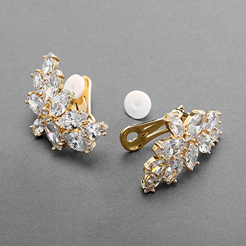 Mariell Gold Clip-On Cubic Zirconia Crystal Bridal Earrings, Marquis Shape CZ Curved Clusters, Non-Pierced Earrings for Wedding, Bridesmaids, Homecoming, Mother of the Bride3