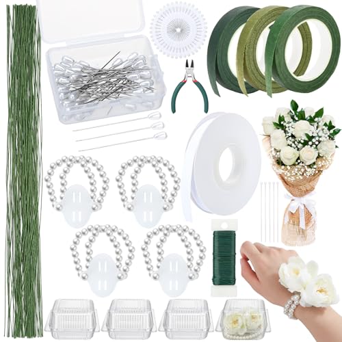 Hoemwarm Wrist Corsage Making Kit Floral Arrangement Supplies DIY Boutonniere Bouquet Craft Set Includes Floral Tape Wire Cutters Pearl Bands Plastic Boxes Ribbon Pins