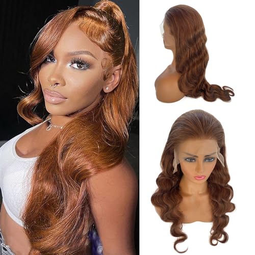 Ombre Lace Front Wig Human Hair for Women-13x6 HD Transparent Medium Brown and Aubur Colored Body Wave Highlight Lace Front Wigs Human Hair Pre Plucked 150% Density Glueless Lace Frontal Wig 24”