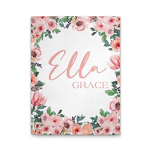 Girls Love A Monogram - Personalzied Custom Pink Floral Baby Blankets for Girls with Name - Personalized Girl Shower Gifts (Pink Blushing 2, 30 X 40 Baby)