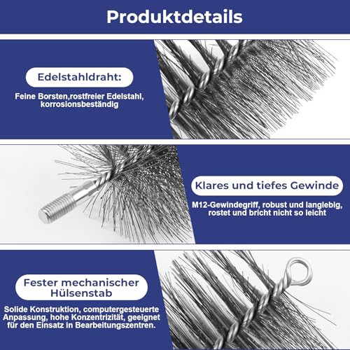 5 Stück Ofenrohrbürste Set, 30mm 50mm 80mm 110mm 150mm Schornsteinbesen mit 1m Stahldraht, M12 Heizkesselbürste Kaminbürste Reinigung Set für Schornstein Ofenrohr Kamin Reinigung Rauchrohr Heizkessel