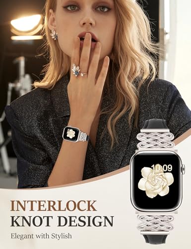 Image of Newlibery Leather Band for Women Slim Dressy Bands Compatible with Apple Watch 38mm 40mm 41mm 42mm 44mm 45mm 49mm, Designer Interlock Buckle Strap for iWatch Series 10 /9 /8 /7 /6 /5 /4 /3 /2 /1 /SE /Ultra