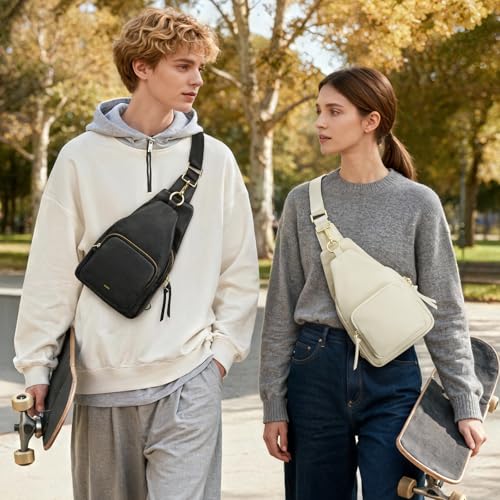 Image of Kattee Small Leather Sling Bag for Women with RFID Blocking,Beige | Top grain pebbled leather with RFID blocking, multiple pockets, and a convertible strap for travel.