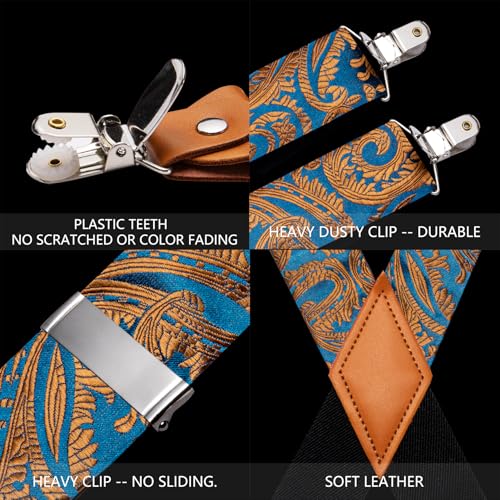 Image of Barry.Wang Men Suspender Set with Necktie Elastic Y Type Heavy Duty 6 Clips Braces Tie Handkerchief Cufflink Pin 6PCS