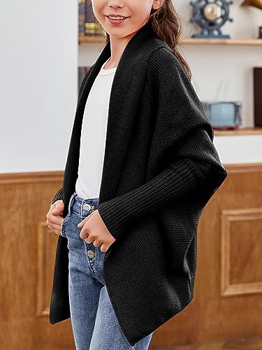Image of Girls Open Front Cardigan Sweaters Batwing Long Sleeve Shawl Collar Ribbed Knit Winter Coats