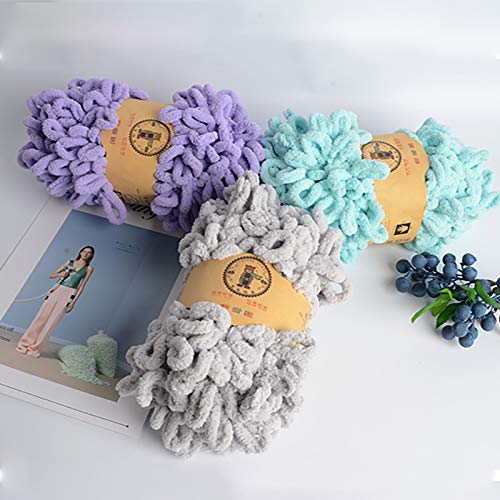 Chunky Blanket Yarn Chenille Finger Loop Yarn For Hand Knitting Blankets, Set Of 3, White&Grey&Blue #TOP3