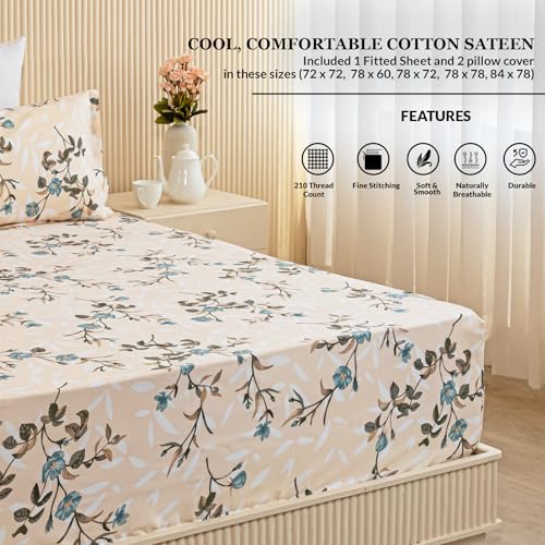 Image of HOMEMONDE All Around Elastic Fitted Bedsheet King Size Mattress 72 x 78 Inch Floral Printed Fitted Flat Sheet with 2 Pillow Covers - Papaya Whip, 210 TC,Multicolor | Perfect for Home Decor & Gifting