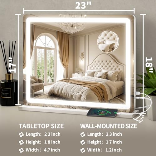 Image of ROLOVE 23 inchx 18 inch Large Vanity Mirror with Lights, LED Makeup Mirror for Dresser and Desk, 10X Magnification, Dimmable Touch Control, Wall Mounted or Tabletop Mirror for Bedroom (White)