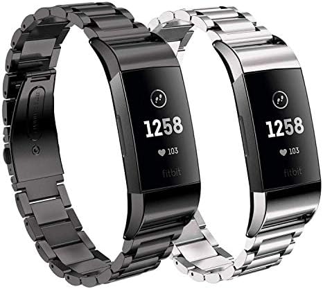 Charge 3 Accessory Bands for Fitbit, SailFar 2PCS Stainless Steel Metal Replacement Bracelet Strap Wrist Smart Watch Band for Fitbit Charge 3 HR, Small/Large, Men/Women(Black + Silver)