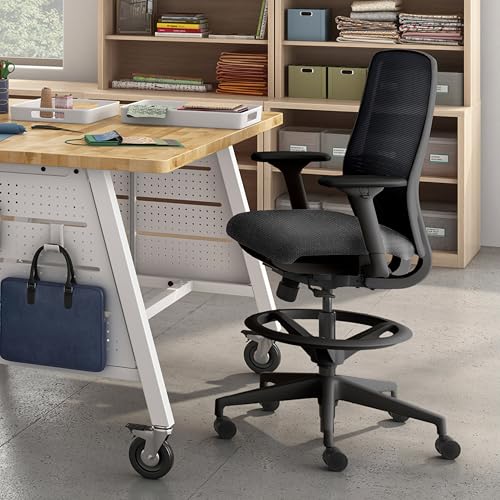 Image of HON Nucleus Task Stool, Ergonomic Office Chair, Home Office Desk Chairs, Synchro-Tilt with Seat Slider, Adjustable Footring, Height-Width Adjustable Arms, Black Mesh, Darkness Fabric, Black Frame
