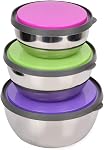 3Pcs Stainless Steel Mixing Bowls Colorful Silicone Bottom with Lids Nesting for Space Saving Storage Container Kitchen Tool Polished Mirror Finish
