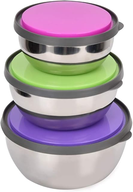 3Pcs Stainless Steel Mixing Bowls Colorful Silicone Bottom with Lids Nesting for Space Saving Storage Container Kitchen Tool Polished Mirror Finish