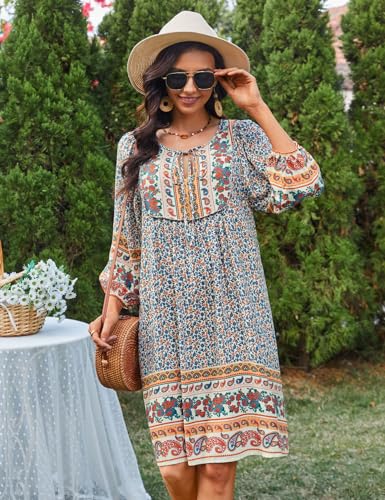 Image of Bluetime Women Casual Summer Dress Boho V Neck 3 /4 Sleeve Babydoll Floral Print Flowy Beach Dress