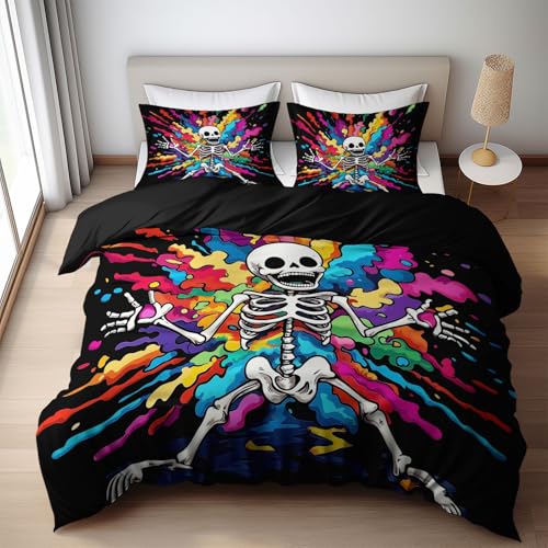 Housse de couette noir 200x200 dessin animé crâne pour chambre ado