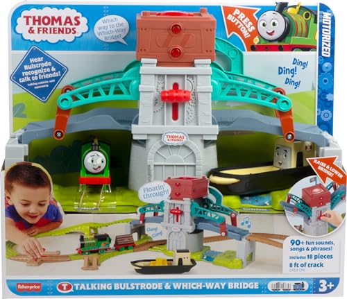 Image of Thomas & Friends Toy Train Set Talking Bulstrode & Which-Way Bridge Track Playset with Sounds & Percy Engine for Kids Ages 3+ Years