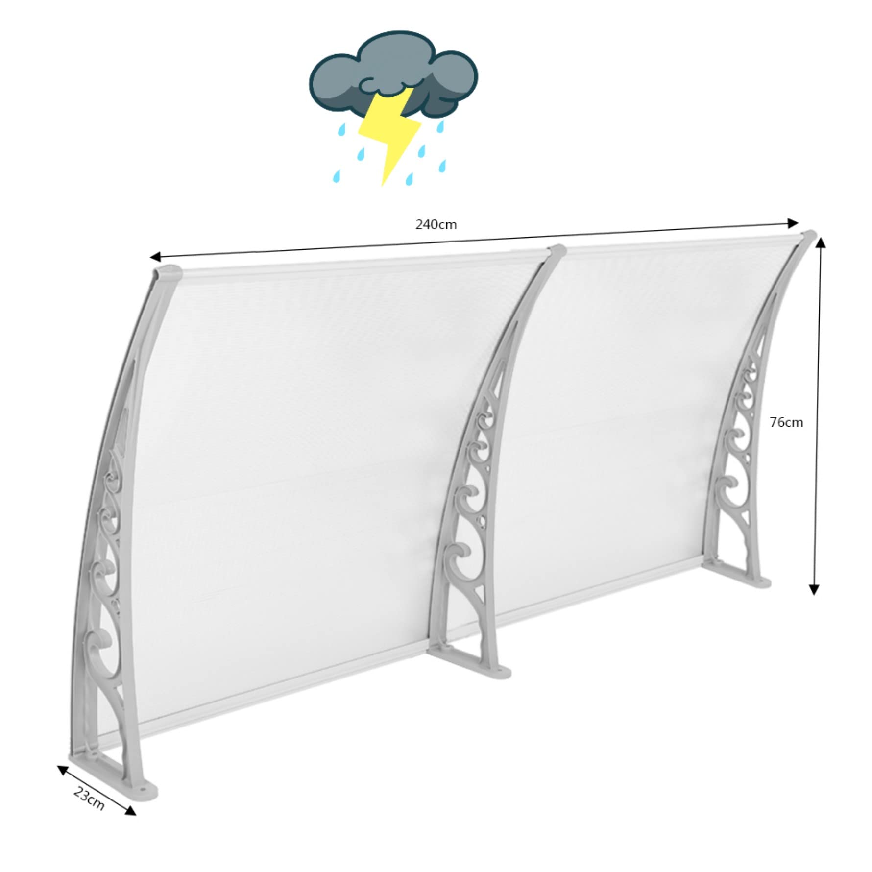 Pensilina da Esterno in Policarbonato e Alluminio, Porta anteriore a baldacchino, in plastica, alluminio, ad arco, 80*240cm (bianco)