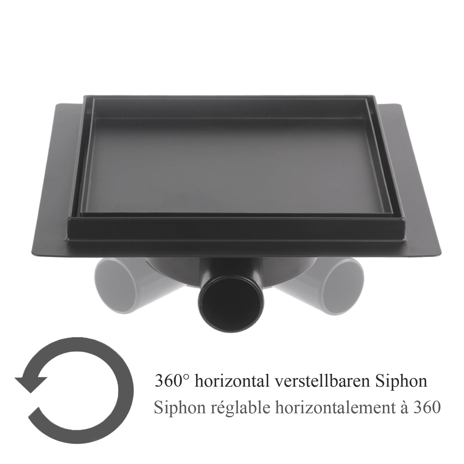 Bodenablauf Quadrat Schwarz Matt Befliesbar 15x15cm Extra Flach Edelstahl Komplettset Duschabfluss 360° Siphon mit Geruchsstop und Haarsieb Größen 10-25cm