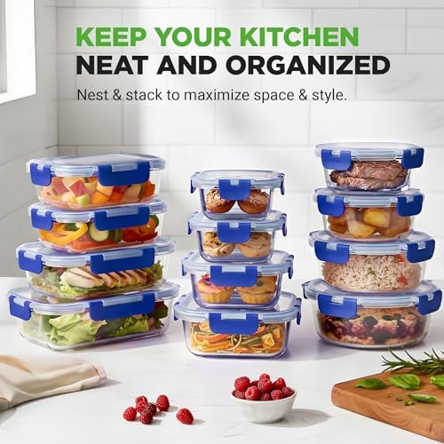SereneLife 24 Piece Glass Food Storage Containers with Lids,12 Airtight Containers, Freezer Safe Food Storage Containers, Meal Prep Container, Pantry Kitchen Storage Containers - Thumbnail 2