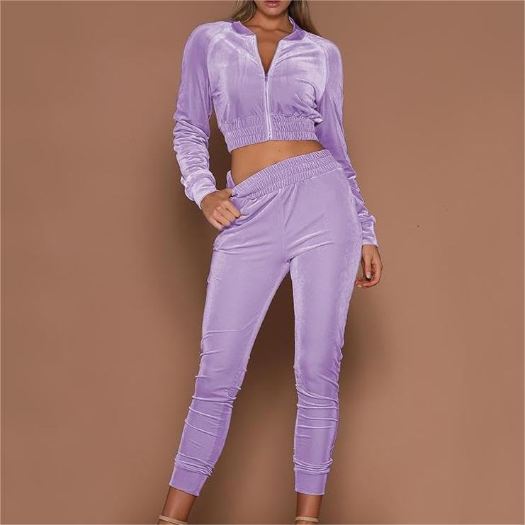 Damski zestaw dresowy welurowy dres 2-częściowy strój z zamkiem błyskawicznym crop top slim fit bluza i spodnie odzież sportowa zestaw do joggingu