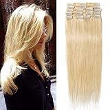 TESS Echthaar Extensions Clip in Blond #613 Remy Haar Extensions guenstig Haarverlängerung 18 Clips 8 Tressen Lang Glatt, 14