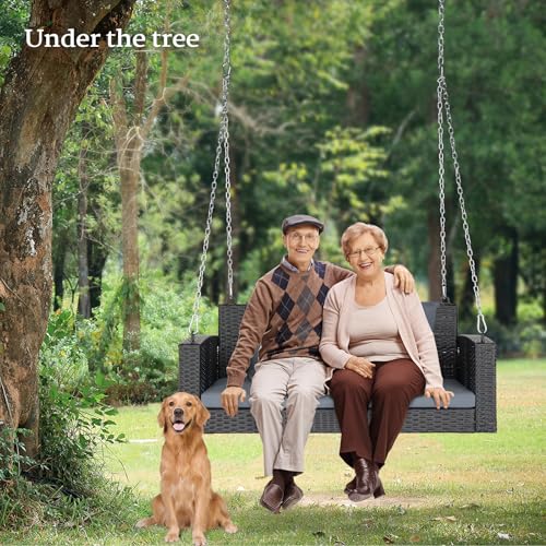 Image of VINGLI 4FT Outdoor Porch Swing, Wicker Patio Swing with Chains, Gray