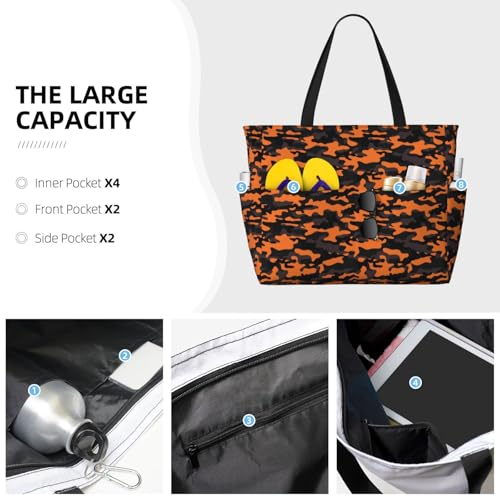 Large Beach Bags Water-resistant Sandproof - Orange Black Camouflage Cute Beach Tote Bags for Women with Zipper3