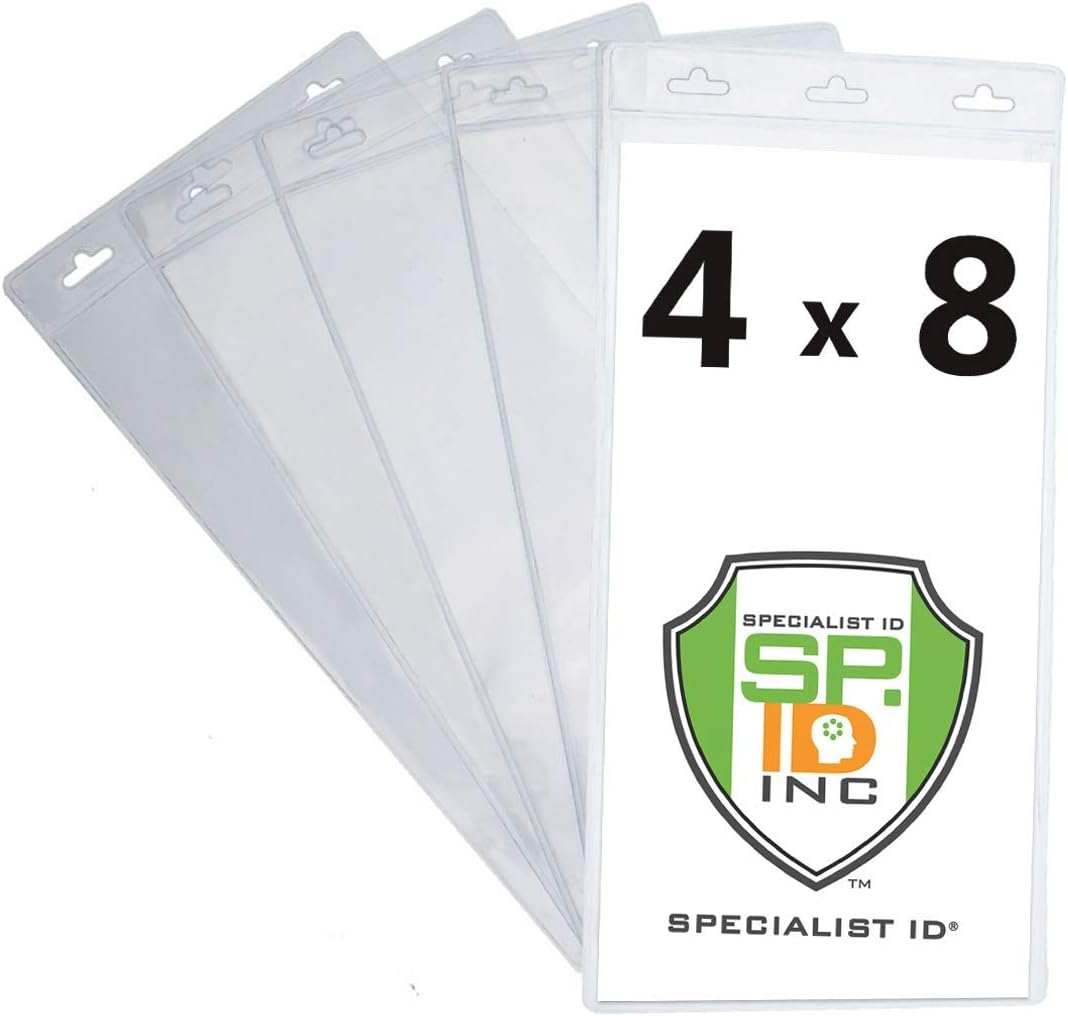 Specialist ID Extra Large 4X8 Inch Clear Plastic Ticket Holder Sleeves - 4" X 8" Big Credential Protectors for Sporting Events and Concerts - 3 Lanyard Slots at Top to Work with Any Lanyard 10 Pack
