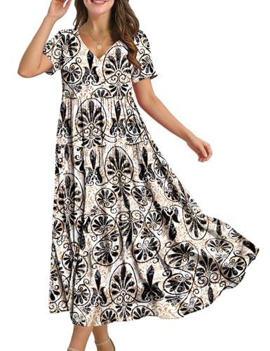 Image of YESNO Women's Summer Maxi Dresses Casual Floral Short Sleeve V Neck Boho Beach Vacation Swing Dress with Pockets EVF