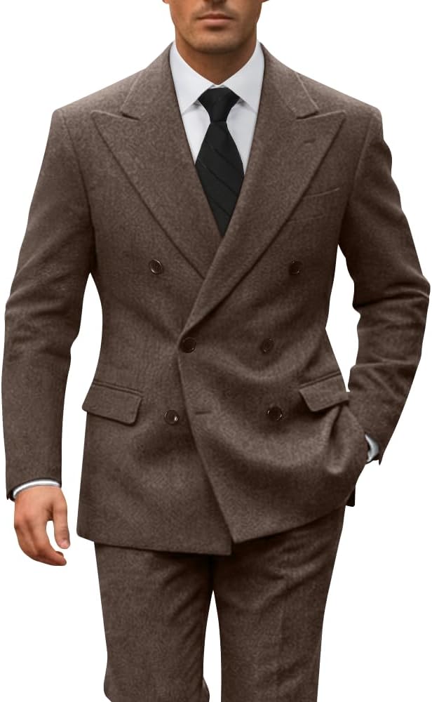 Retro Herringbone Tweed Men Suit Formal Slim Fit Double Breasted 2 Piece Suit Jacket Pants Mens Prom Wedding Tuxedo Set