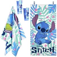 Disney Stitch Towels for Kids with 2 Pegs Clips Beach Towel Soft Absorbent Bath Shower Swimming Towel 100% Cotton Quick Dry Holiday Essentials 140x70cm