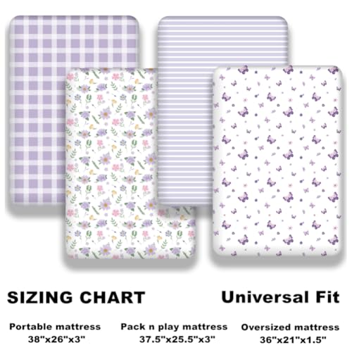Image of 4 Pack Butterfly Baby Crib Sheets for Baby Girls Purple Crib Fitted Sheets for Standard Size Crib and Toddler Mattress Soft and Breathable (Pack N Play)