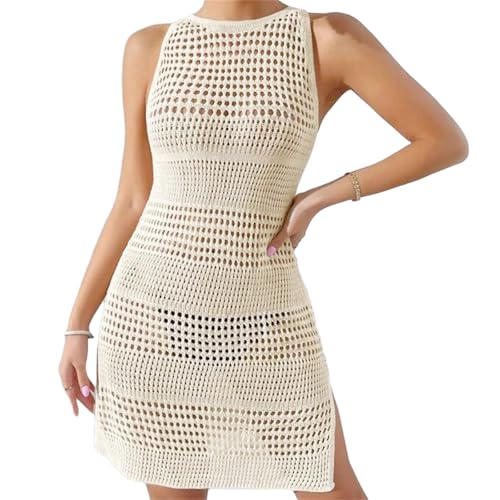 Lerpwige Traje de baño de mujer protector solar Coverups Crochet sin mangas ropa de playa vestido hueco fuera ropa de playa O cuello vacaciones bikinis