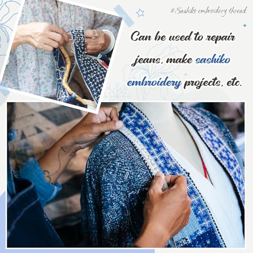 Image of Zeyune 12 Pcs Blue Sashiko Thread Kit with Sashiko Needles, 100% Cotton, Each 20m / 21.9yds, Japanese Embroidery Thread for Visible Mending, Hand Quilting, Boro Stitching, Denim Repair