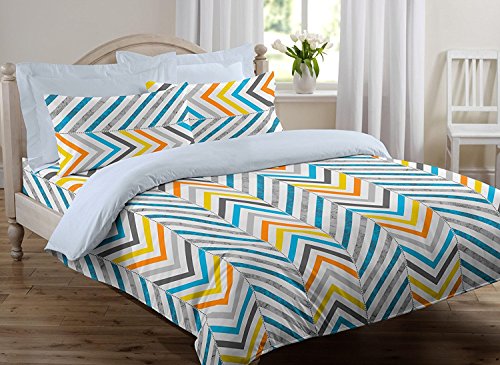 Image of Huesland by Ahmedabad Cotton 120 TC Cotton Bedsheet for Double Bed with 2 Pillow Covers - Grey, Blue, Orange & Yellow
