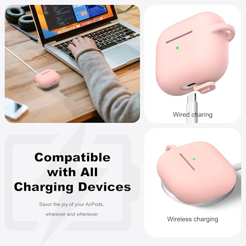 Image of R-fun AirPods 3 Case Cover, Silicone Protective Accessories Skin with Keychain Compatible with Apple AirPod 3rd Generation 2021 for Women Girl,Front LED Visible-Sand Pink